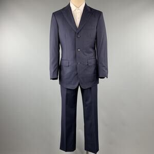 DAVID AUGUST Size 40 Navy & Pink Stripe Wool Peak Lapel 34 x 30 Suit